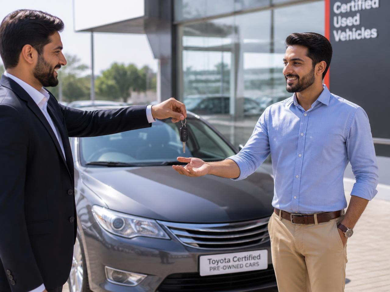 Vehicle owner handing over keys during a trade-in at the dealership